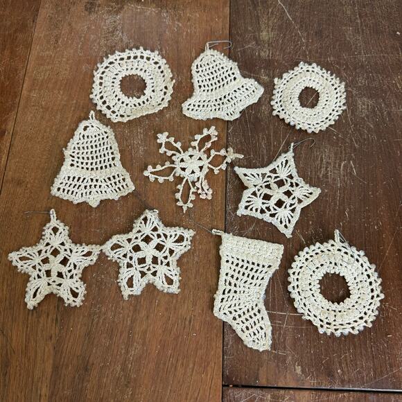 Bundle Lot Crochet Doily‎ Style Iridescent Sequin Christmas Ornaments VINTAGE - Picture 1 of 8